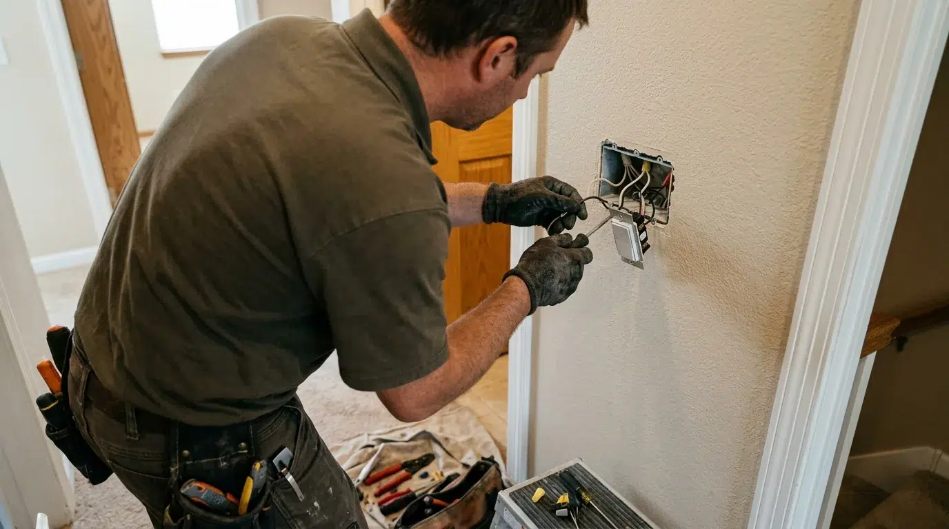 Electrician wiring a wall control for a whole house fan in a Longmont home