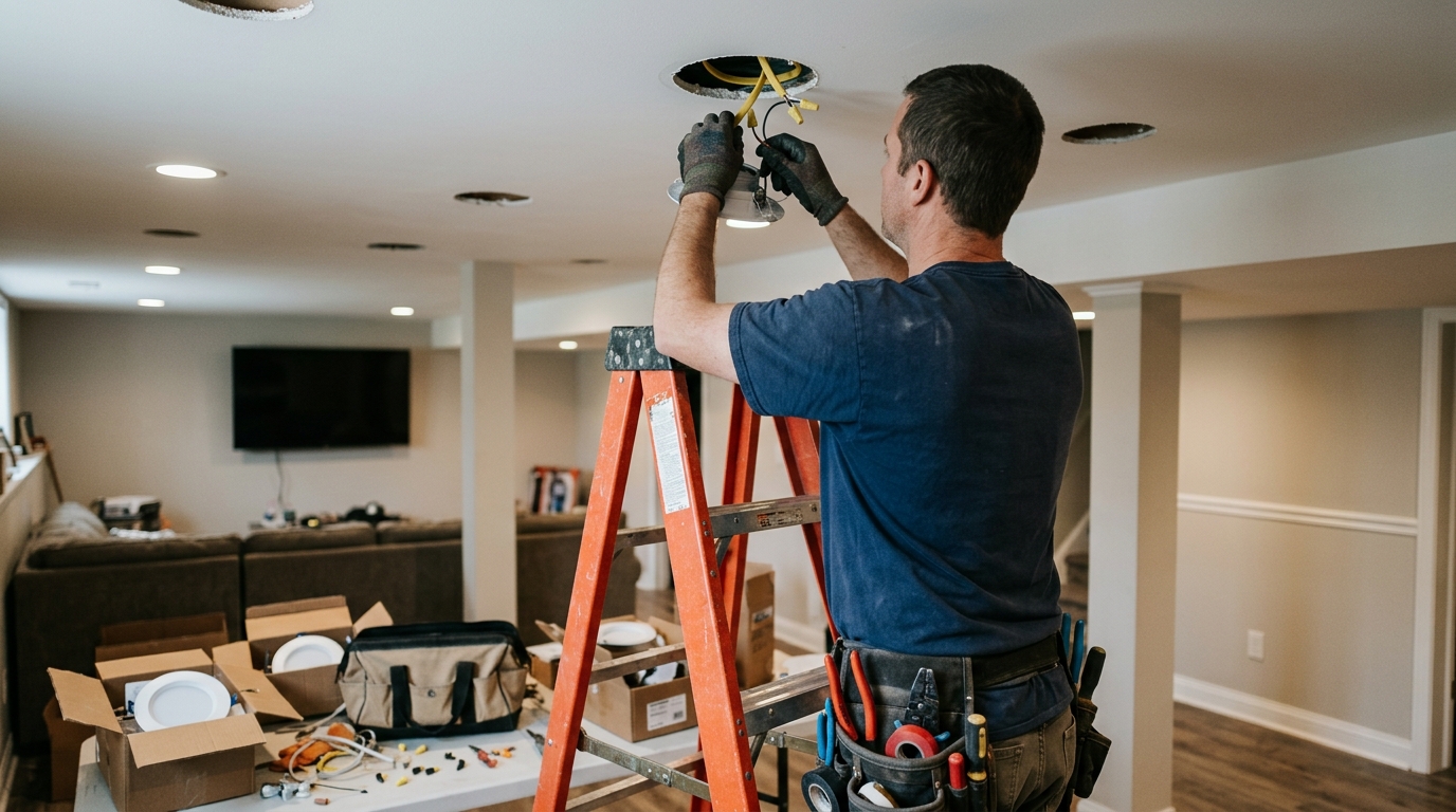 Electrician installing recessed lighting in a finished Loveland basement ceiling