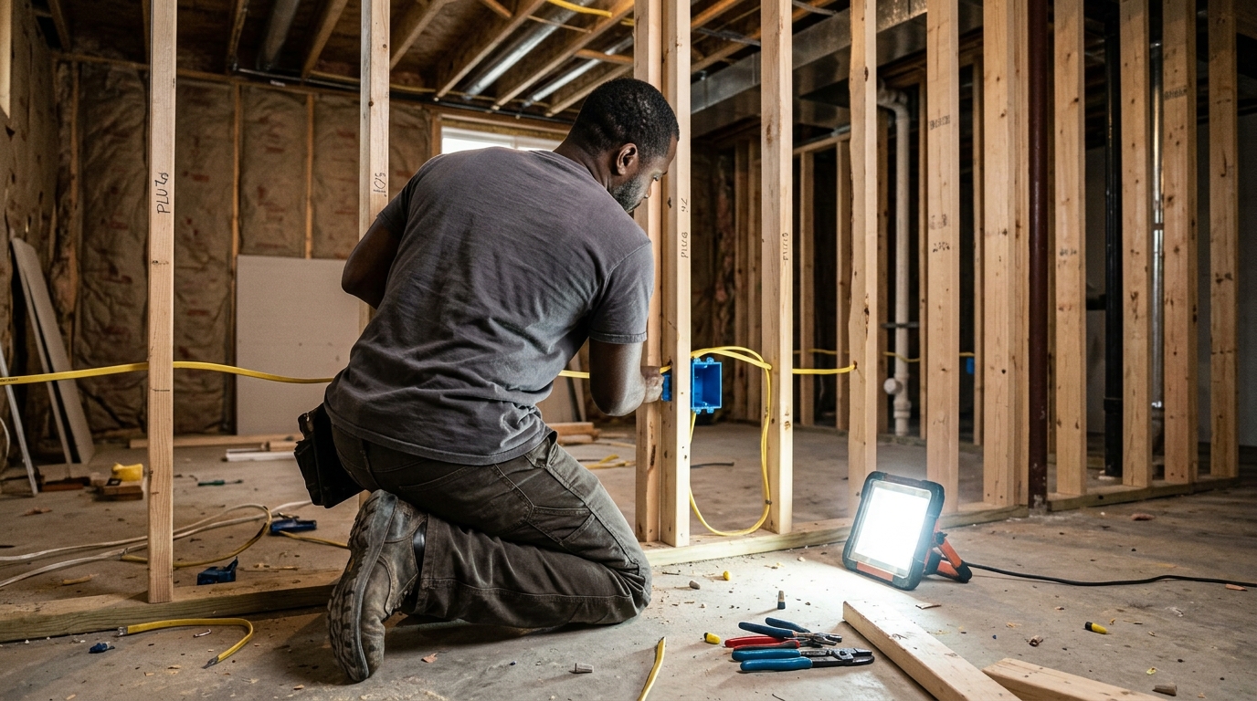 Electrician roughing in wiring between wall studs in an unfinished Loveland basement