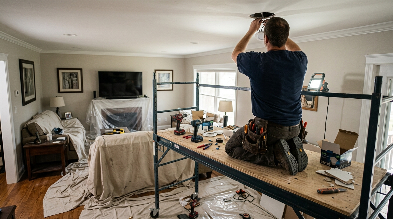 Electrician installing recessed LED lighting in a Loveland living room
