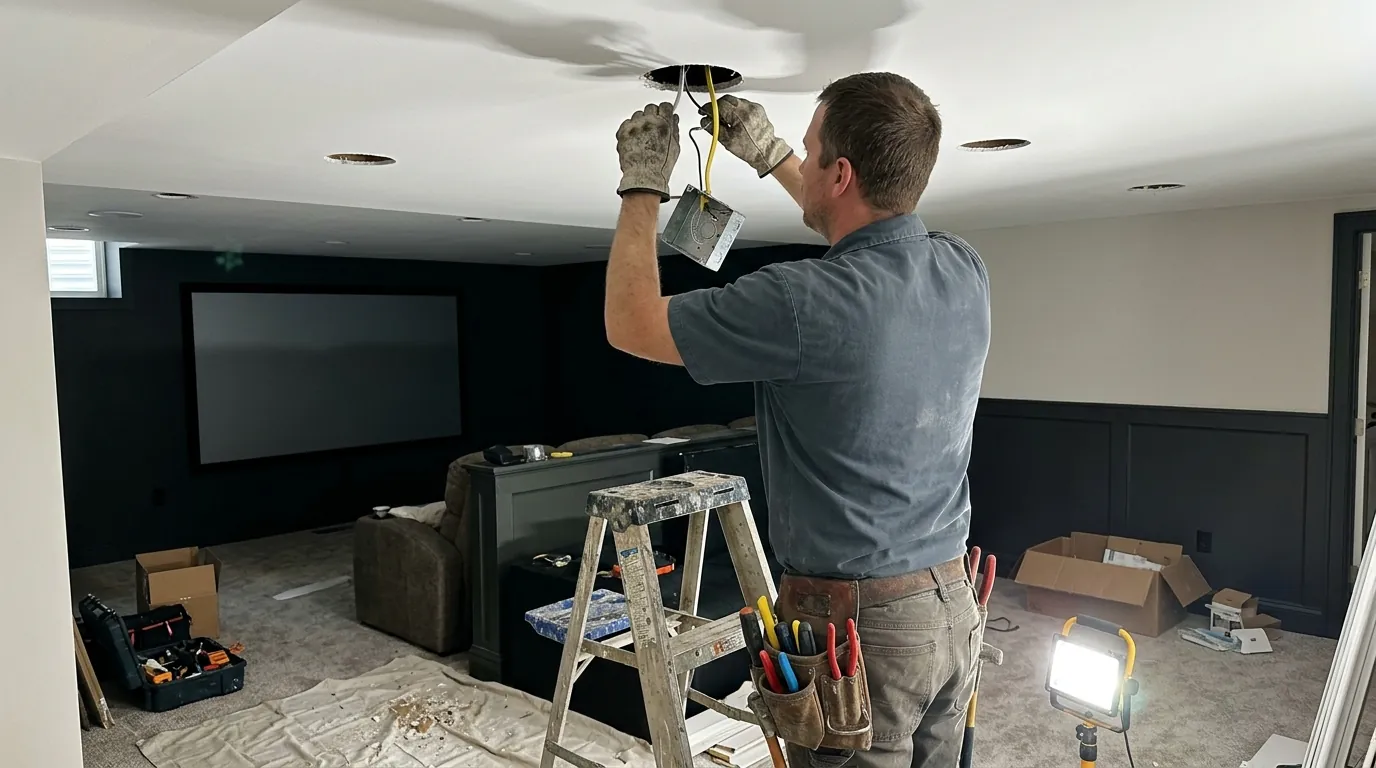 Finished basement home theater with recessed lighting wired by an electrician
