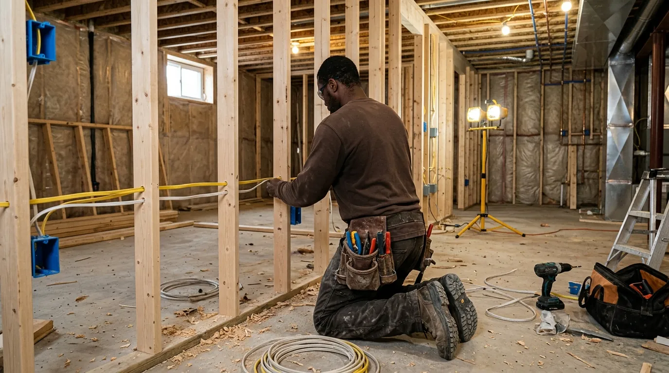 Electrician running rough-in wiring between open studs in a basement under construction