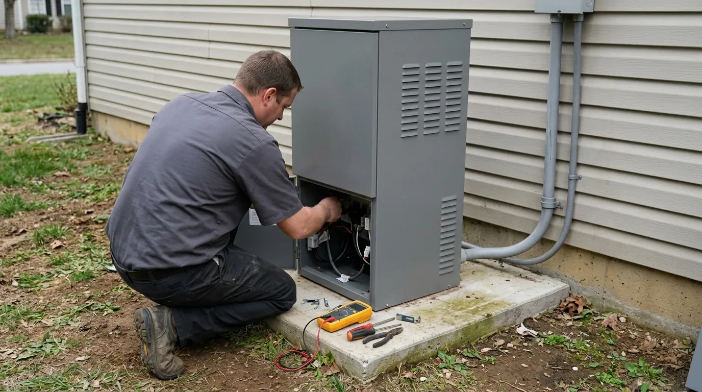 Electrician installing a home standby generator beside a house in Windsor, Colorado