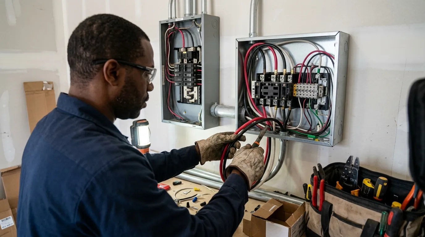Electrician wiring an automatic transfer switch inside a residential electrical panel