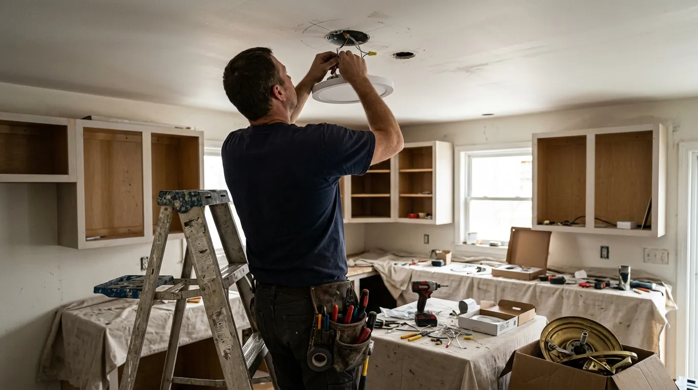 Electrician installing a recessed ceiling fixture in a Windsor, Colorado home