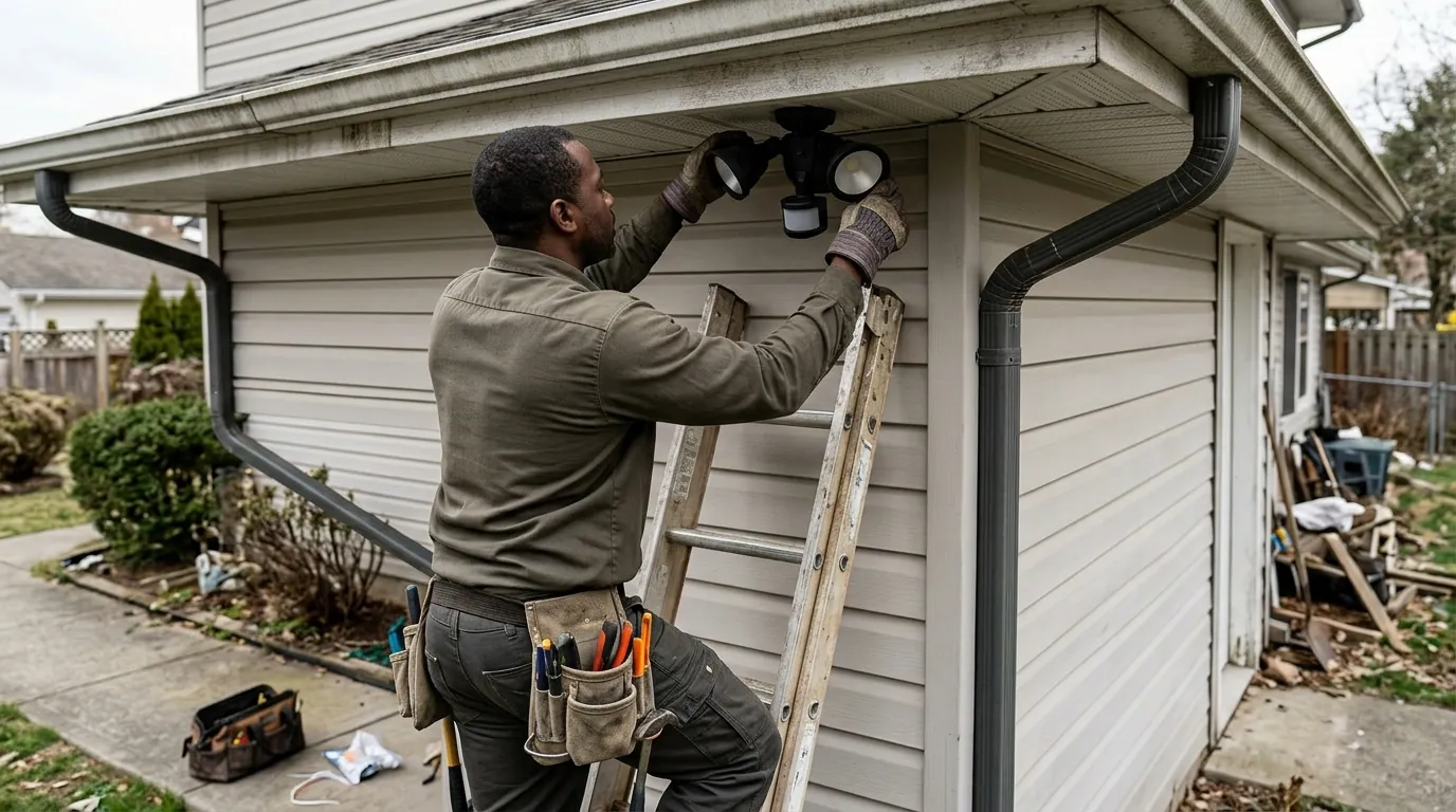 Electrician wiring an exterior security light on a residential wall