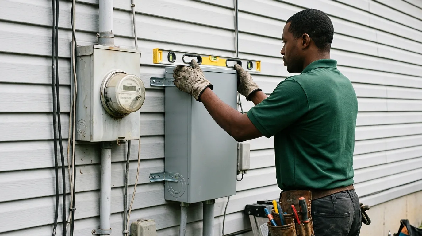Electrician working at a new load center with an orderly breaker row