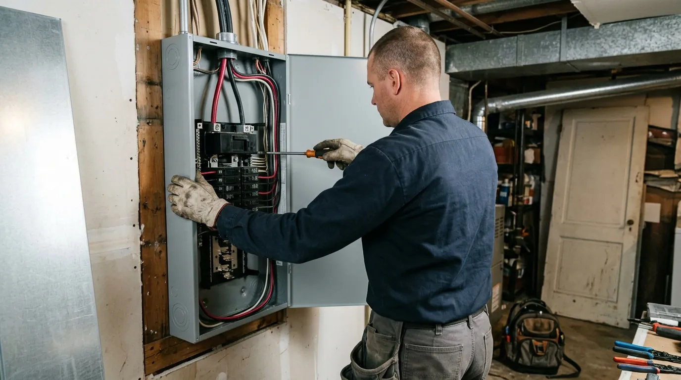 Electrician replacing a residential electrical panel in a Windsor, Colorado garage