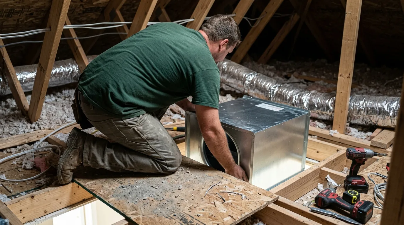 Electrician installing a whole house fan between attic joists in a Windsor home