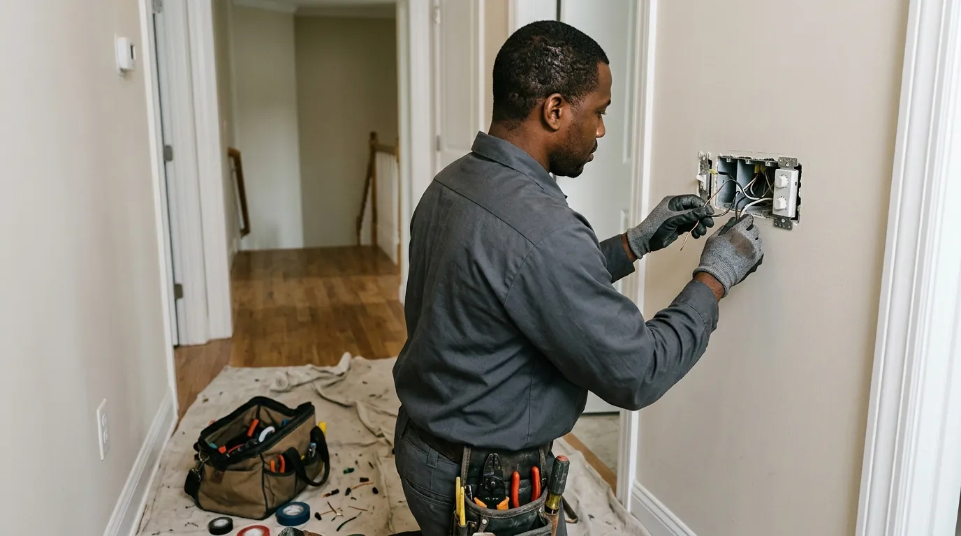 Electrician wiring a wall control for a whole house fan at a residential switch box