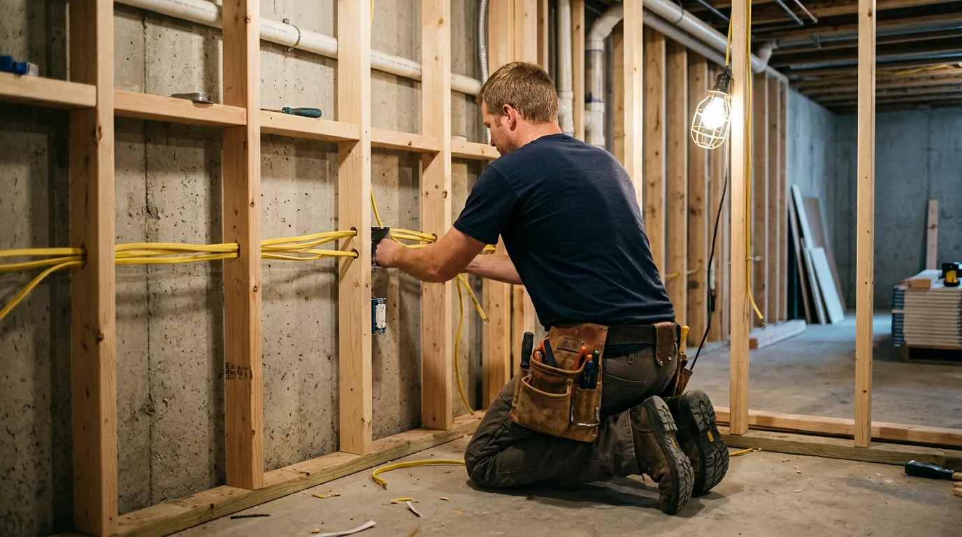 Electrician installing wiring between wall studs in an unfinished Fort Collins basement