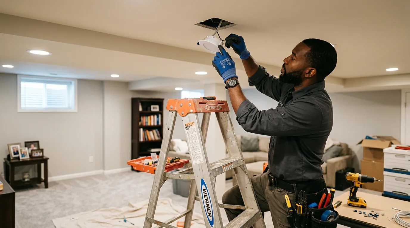 Electrician installing recessed lighting in a finished Fort Collins basement