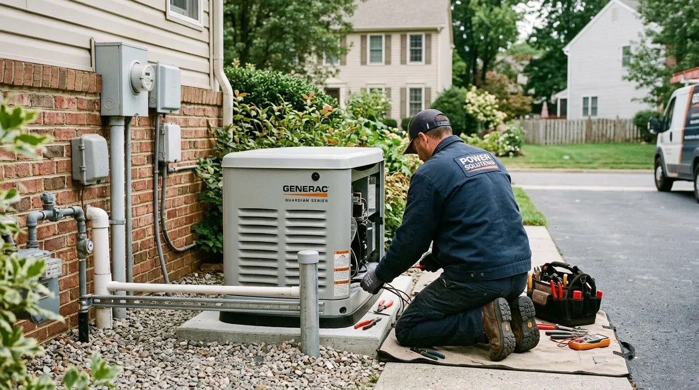 Electrician performing standby generator installation outside a Fort Collins home