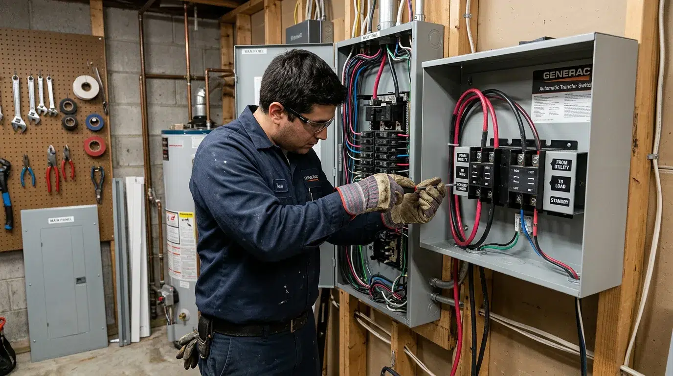 Electrician wiring an automatic transfer switch at a residential electrical panel