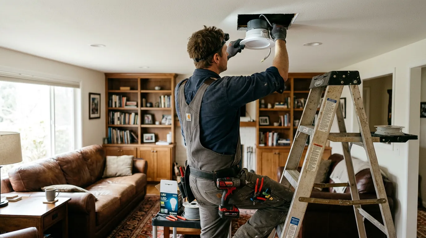 Electrician installing LED recessed lighting in a Fort Collins living room