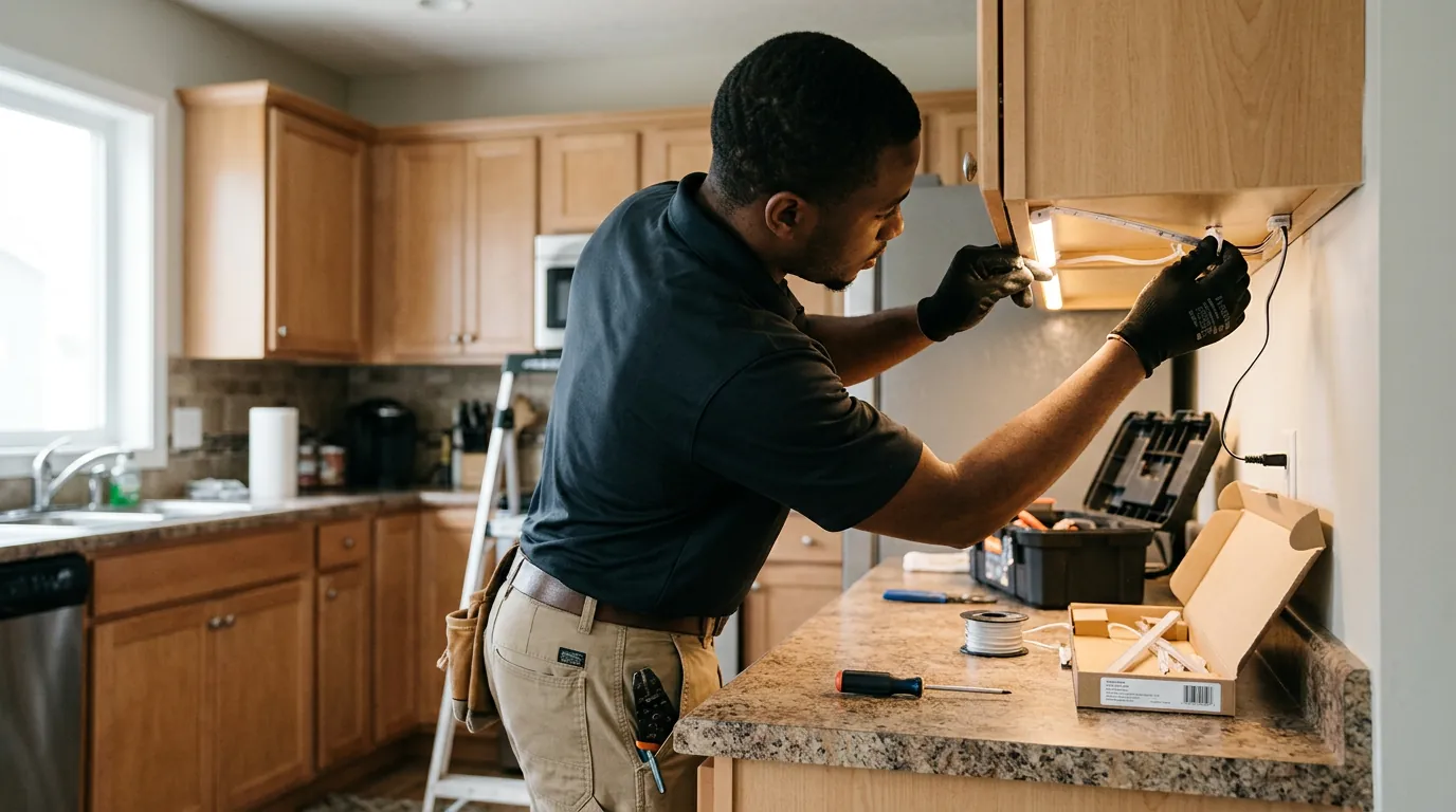 Electrician installing an under-cabinet lighting strip in a Fort Collins kitchen