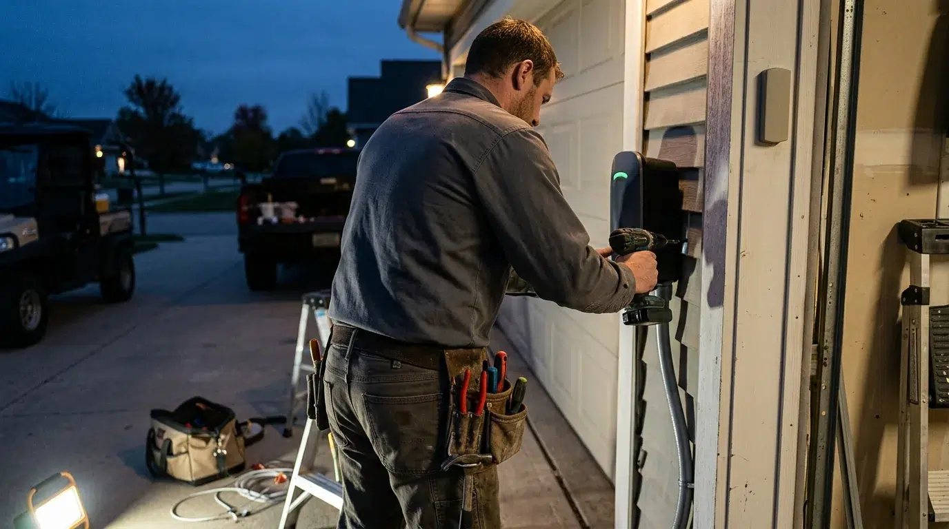 Level 2 EV charger mounted in a residential garage in Windsor, Colorado